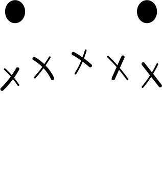 Two dot eyes over a row of five hand-drawn Xs