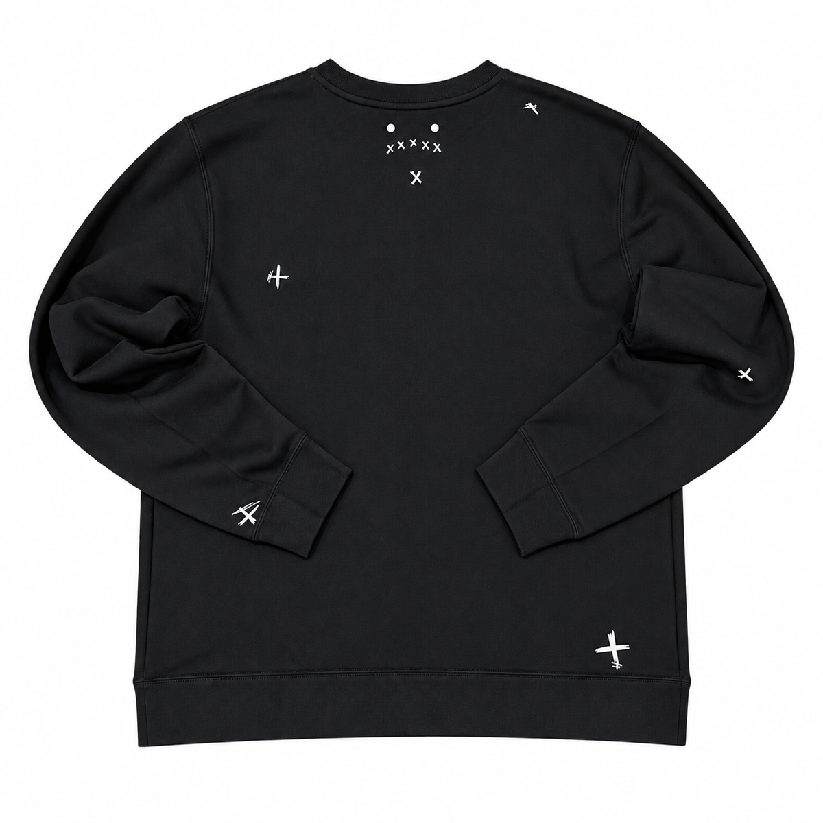 Back view of black RIZO Skeleton Crewneck with white RIZO face and scattered marks