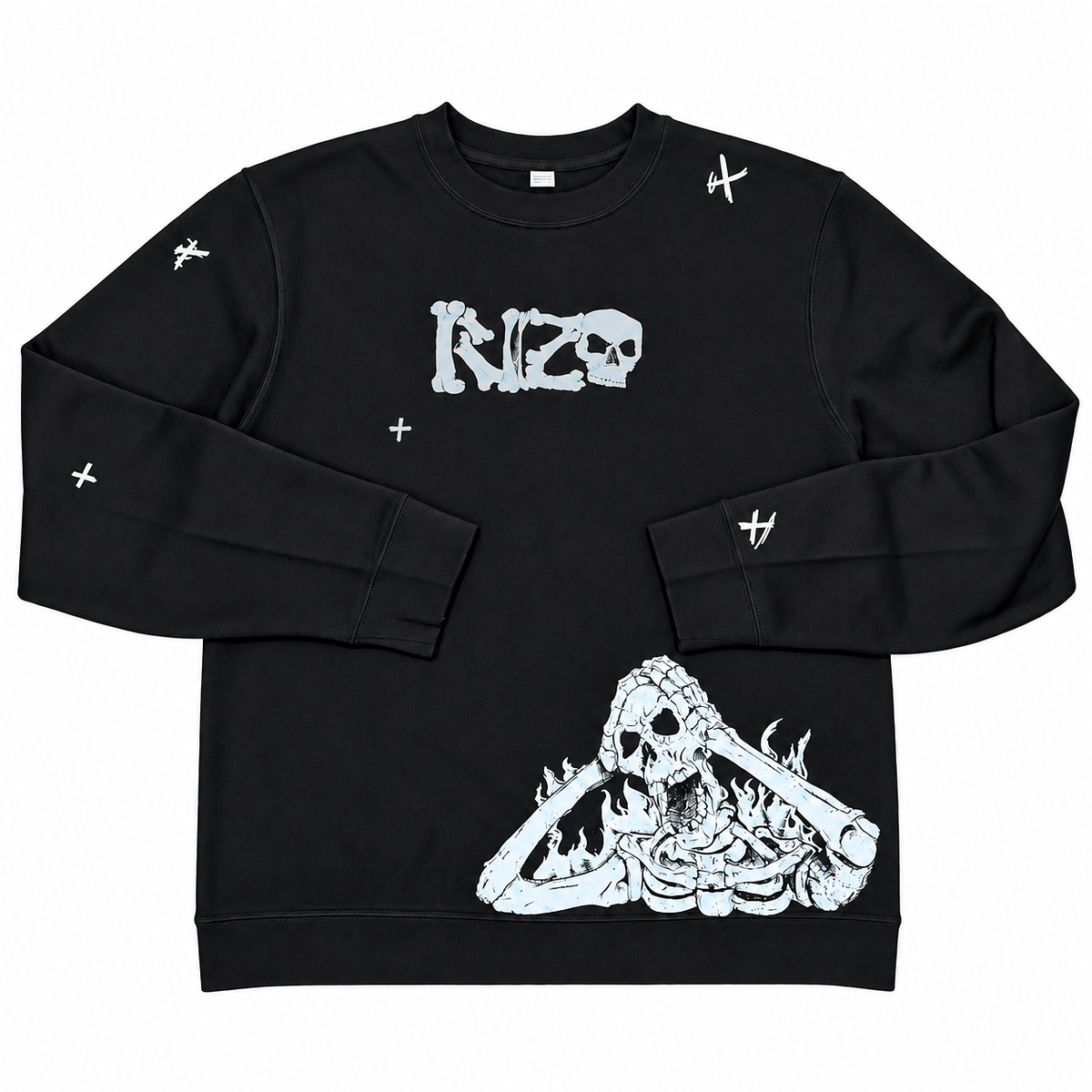 Black RIZO Skeleton Crewneck, front view on white background with bone-style lettering and large skeleton graphic