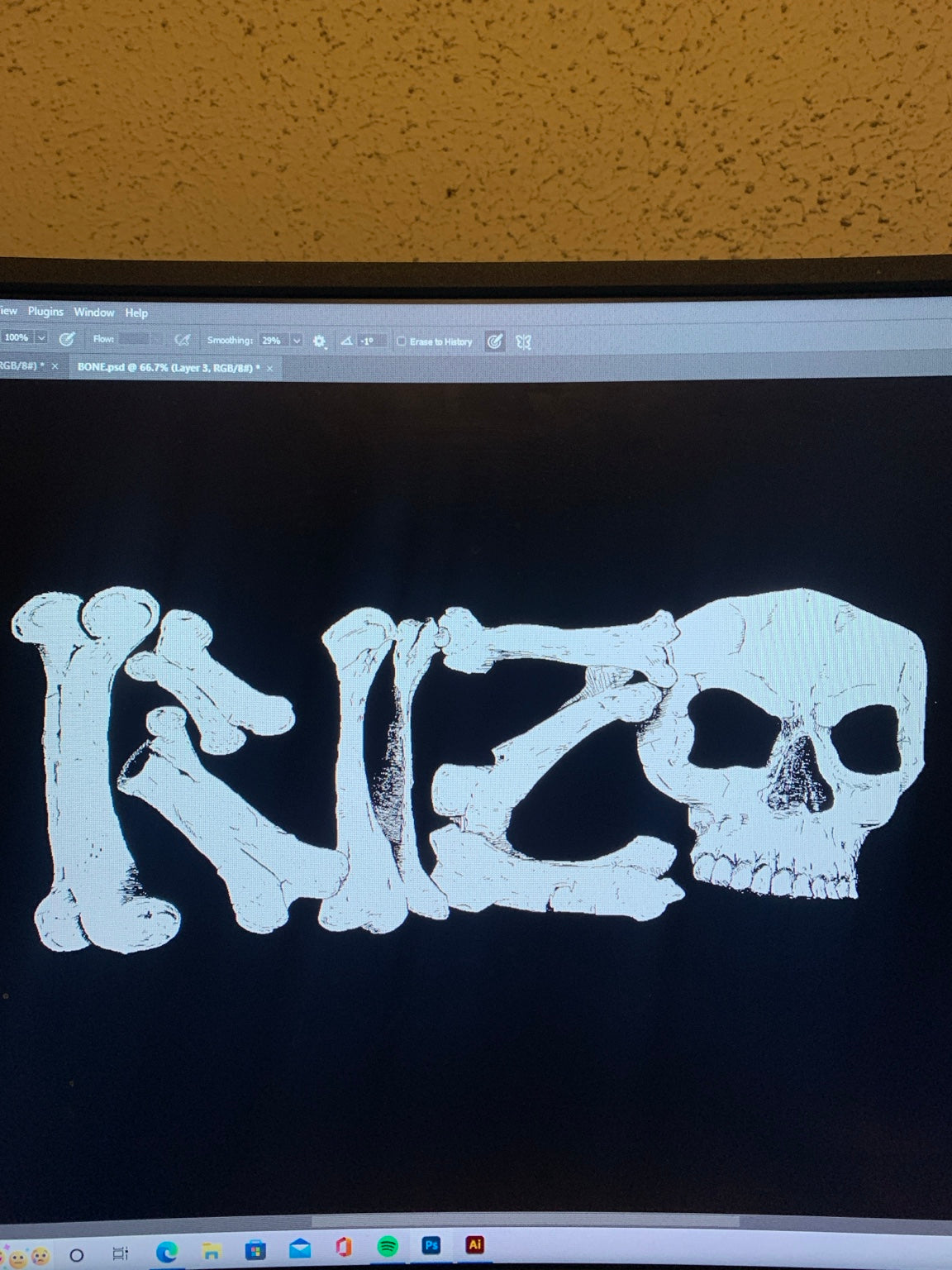 Original photograph of Taymar Spencer’s RIZO bone-lettering artwork open in Photoshop, with the BONE.psd document tab visible